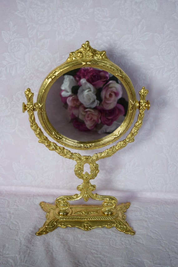 Vintage Vanity Dresser Brass Mirror Tilt Stand Make Up Victorian Style Makeup Ladies Embossed Raised Fl Flower Design Boudoir Round Gold