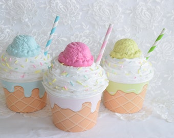 FAKE Bake ICE CREAM Sundae Candy Sprinkles Faux Food Pink Blue Green Cup Paper Liner Dessert Birthday Party Sweet Treat Scoop Topping Straws