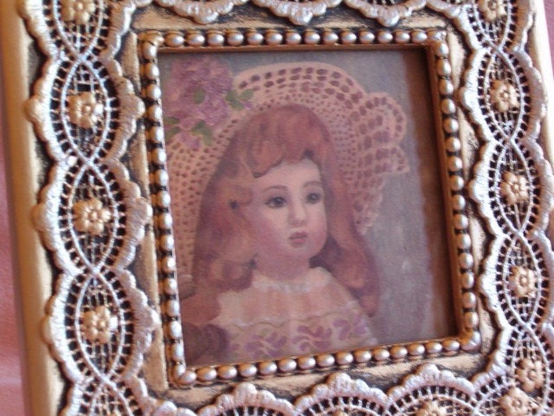 Vintage Romantic Shabby Chic Victorian Doll Girl in Pink Rose Hat Dress Print Framed Wallpaper Gold Silver Doily Lace Trim Resin Frame Stand image 3