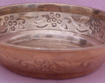 Vintage BRASS TRINKET DISH Bowl Ornate Design Candle Holder Metal 3d Embossed Round Small Floral Flower Gold tone Round Keeper Candleholder