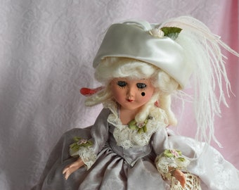 Vintage Dolls of Destiny 1950s Hard Plastic Doll EMPRESS Marie ANTOINETTE Mint In Original Box A & H Toy Lace Fan Satin Dress Blond Hair