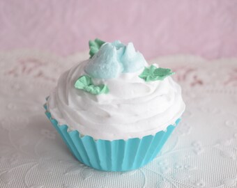 FAKE BAKE CUPCAKE Blue Rose Flower Display Floral Topper Paper Liner Baking Cup Faux Kitchen Food Dessert Party Spring Easter Birthday Cake