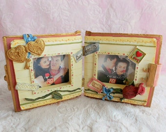 VALENTINE DIARY Book FRAME Picture Photo Red Rose Bud Flower Blue Floral Ribbon Key Lock Love Letter Photograph Vanity Stamp Double Bifold