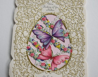 Vintage HALLMARK EASTER Mother CARD Greeting Die Cut Butterfly Embossed Flower Floral Garden Pink Blue Purple Diecut 1950s Thinking of You