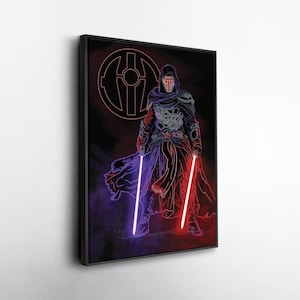 May include: A framed artwork with a neon-style illustration of a cloaked figure holding two lightsabers. The artwork is mainly black, with neon red and purple highlights. A symbol is visible in the background.