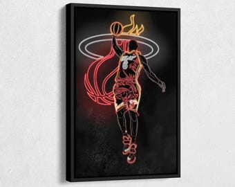 LeBron James Poster Neon Effect Miami Heat Basketball Canvas Wall Art Print Kids Room Framed Poster Home Decor