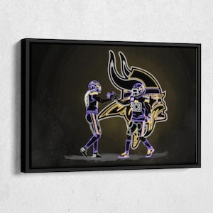 Affiche effet néon de Justin Jefferson et Brian Asamoah Vikings du Minnesota, football encadré, art mural, décoration d'intérieur, homme des cavernes, cadeau