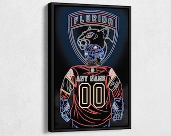 May include: A neon-style illustration of a hockey player wearing a red and black jersey with the text "ANY NAME" and the number "00" on the back. The player is standing in front of a blue background with a neon sign that says "FLORIDA" and a panther logo.