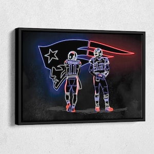 Julian Edelman #11 and Tom Brady #12 Neon Effect Poster New England Patriots Football Framed Canvas Wall Art Home Decor Man Cave Gift