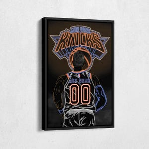 May include: A black and orange neon sign with the words "New York Knicks" and a basketball player wearing a jersey with the number "00" and the text "Any Name".