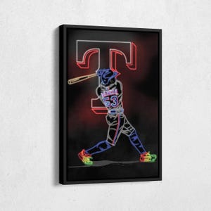 May include: Neon sign art of a baseball player swinging a bat with a red and blue "T" in the background. The player is wearing a blue and red baseball uniform with the number 53 on the front.
