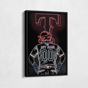 May include: A neon sign with a baseball player wearing a red, white, and blue baseball uniform with the text "ANY NAME 00" on the back. The sign is against a dark background with a large red neon "T" in the background.