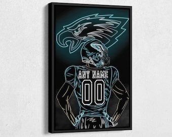 May include: A neon green and blue illustration of a football player wearing a jersey with the text "ANY NAME 00" on the back. The player is standing in front of a neon green and blue Philadelphia Eagles logo.