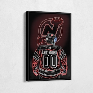 May include: A black and red neon hockey jersey with the New Jersey Devils logo and the text "ANY NAME 00".