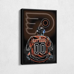 May include: A neon orange and black hockey jersey with the Philadelphia Flyers logo and the text "ANY NAME 00".