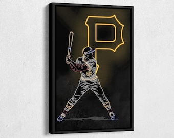 Könnte beinhalten: Eine Schwarzweißillustration eines Baseballspielers in Schlagposition mit einem gelben Neon-„P“ hinter ihm. Der Spieler trägt eine Baseballuniform mit der Nummer „21“ auf der Vorderseite.