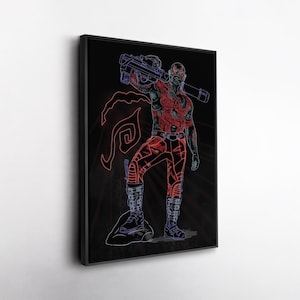 May include: Framed art print. A neon-style illustration of a figure in red and black attire, holding a weapon. The artwork has a dark background with red and blue neon accents, creating a striking visual effect.
