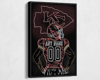 Kansas City Chiefs Jersey Football Neon Personalized Jersey Custom Name and Number Canvas Wall Art Home Decor Framed Poster Man Cave Gift