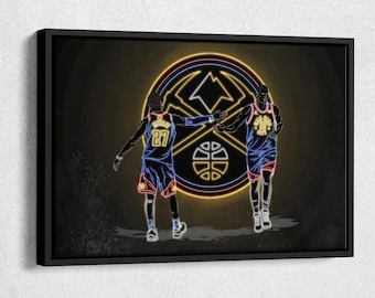 Nikola Jokic and Jamal Murray Neon Effect Poster Denver Nuggets Basketball Framed Canvas Wall Art Home Decor Man Cave Gift
