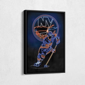 May include: A neon sign featuring a hockey player in a blue and orange uniform skating with a stick. The sign also features the New York Islanders logo with the text "NY ISLANDERS".