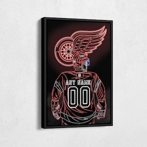 May include: A neon red and white hockey player silhouette with a red wing logo and the text "ANY NAME 00" on the jersey.