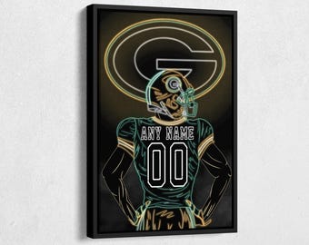 Green Bay Packers Jersey Football Neon Personalized Jersey Custom Name and Number Canvas Wall Art Home Decor Framed Poster Man Cave Gift