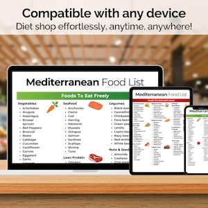 Op de afbeelding: Een laptop, tablet en smartphone tonen een "Mediterrane Voedingslijst" op een houten oppervlak. De lijst categoriseert voedingsmiddelen die vrij gegeten kunnen worden en voedingsmiddelen die beperkt moeten worden, waaronder groenten, zeevruchten, peulvruchten, noten en zaden.
