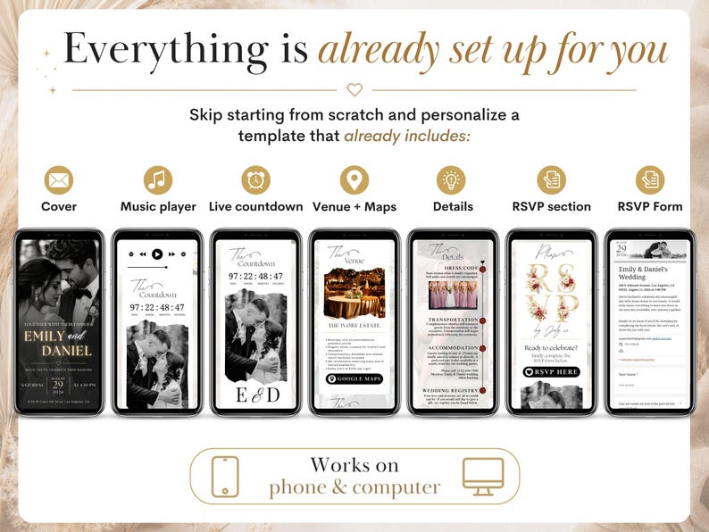 Wedding Invite Digital RSVP Music, Customizable Animated Template, Track Responses - Invitation Mariage Digital Wedding Invitation Countdown image 3