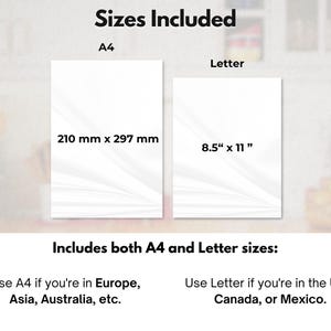 May include: Image showing two white paper sizes: A4 (210 mm x 297 mm) and Letter (8.5" x 11"). Text indicates A4 is for Europe, Asia, Australia, etc., and Letter is for the U.S., Canada, and Mexico. The title reads "Sizes Included".