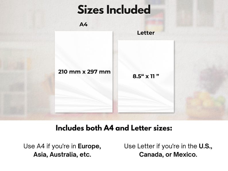 May include: Image showing two white paper sizes: A4 (210 mm x 297 mm) and Letter (8.5" x 11"). Text indicates A4 is for Europe, Asia, Australia, etc., and Letter is for the U.S., Canada, and Mexico. The title reads "Sizes Included".