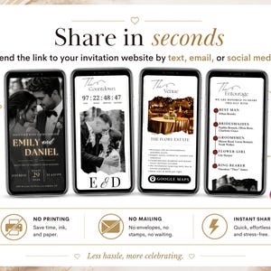 May include: Four smartphones display a digital wedding invitation website. Screens show a couple's photo, a countdown timer, venue details, and the wedding party list. Text includes Share in seconds, The Countdown, The Venue, and The Entourage.