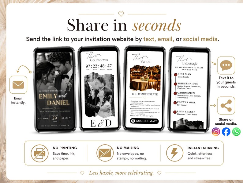 May include: Four smartphones display a digital wedding invitation website. Screens show a couple's photo, a countdown timer, venue details, and the wedding party list. Text includes Share in seconds, The Countdown, The Venue, and The Entourage.