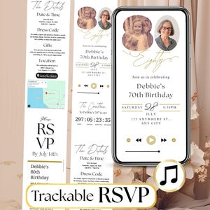 Pode incluir: Convite digital para o 70º aniversário de Debbie, exibido em uma maquete de smartphone. O design inclui fotos, data, hora, código de vestimenta e detalhes de RSVP. Tema musical com uma nota musical e um cronômetro.