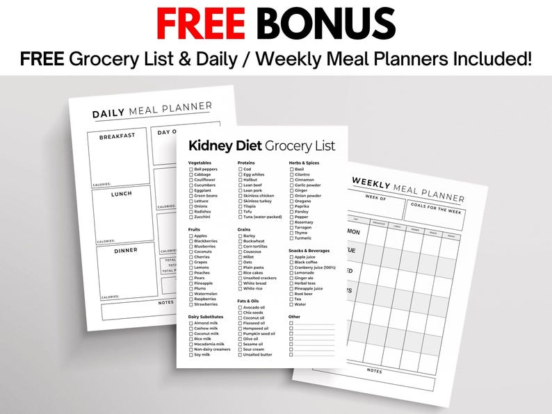 May include: Three white paper sheets with black text. The top sheet is a "Daily Meal Planner" with sections for breakfast, lunch, and dinner. The middle sheet is a "Kidney Diet Grocery List". The bottom sheet is a "Weekly Meal Planner". The text "FREE BONUS" is at the top.
