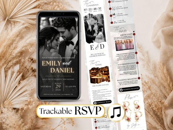 Wedding Invite Digital RSVP Music, Customizable Animated Template, Track Responses - Invitation Mariage Digital Wedding Invitation Countdown