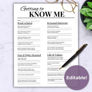 Team Building Get to Know Me Questionnaire Printable, All About Me, Editable Template to Get to Know Your Coworkers, Employee Favorites