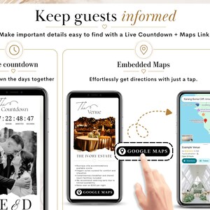 May include: A digital wedding invitation interface displayed on three smartphones. The screens show a live countdown timer, venue details for The Ivory Estate, and an embedded Google Maps location pin. Text includes Keep guests informed.