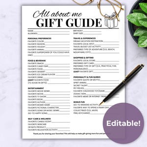 All About Me Gift Guide Editable Printable, Team Building Get To Know Me Questionnaire Editable Printable Template, Employee Favorites