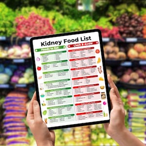 May include: A tablet displaying a "Kidney Food List" with "Foods to Eat" and "Limit & Avoid" sections. The list categorizes foods with illustrations of fruits, vegetables, and other items. The background shows a blurred grocery store produce section.