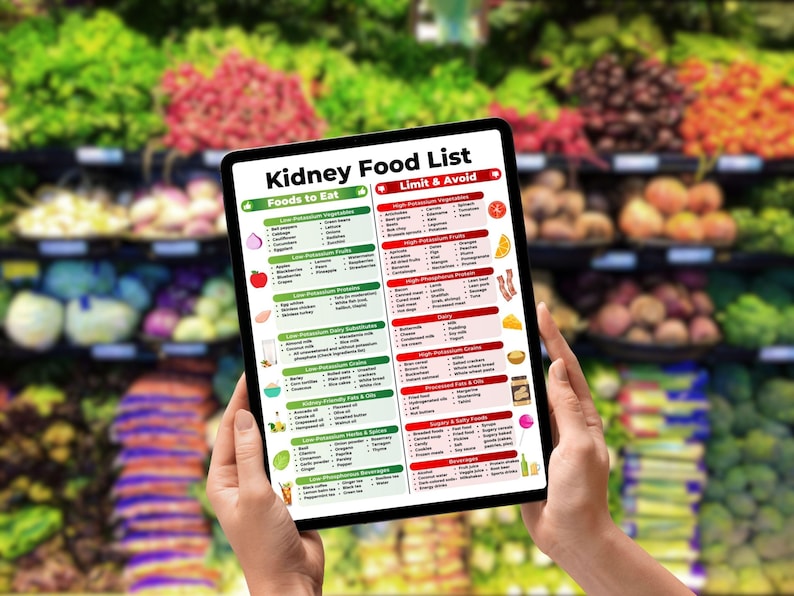 May include: A tablet displaying a "Kidney Food List" with "Foods to Eat" and "Limit & Avoid" sections. The list categorizes foods with illustrations of fruits, vegetables, and other items. The background shows a blurred grocery store produce section.