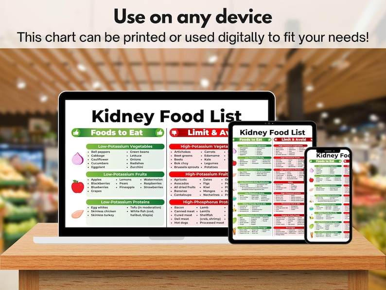 May include: A digital chart titled "Kidney Food List" displayed on a laptop, tablet, and smartphone. The chart is divided into sections listing foods to eat and foods to limit or avoid, with colorful illustrations of fruits and vegetables. The text "Use on any device" is at the top.