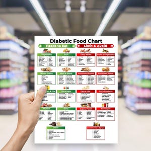 May include: A hand holds a "Diabetic Food Chart" in a grocery store. The chart is divided into sections: Foods to Eat and Limit & Avoid. Categories include vegetables, fruits, fatty meats, fruits & vegetables, whole grains, nuts & seeds, processed grains, processed foods, fats & oils, dairy products, and more.