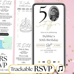 May include: A digital invitation for Debbie's 50th birthday, displayed on a smartphone. The design features a photo, the number 50, and the word "Fifty" in elegant script. Details include date, time, dress code, gifts, and location.