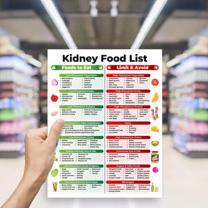 May include: A hand holds a printed "Kidney Food List" in a grocery store. The list categorizes foods to eat and foods to limit or avoid, with sections for vegetables, fruits, proteins, dairy, grains, fats, herbs, and beverages. The list is in black and green text.