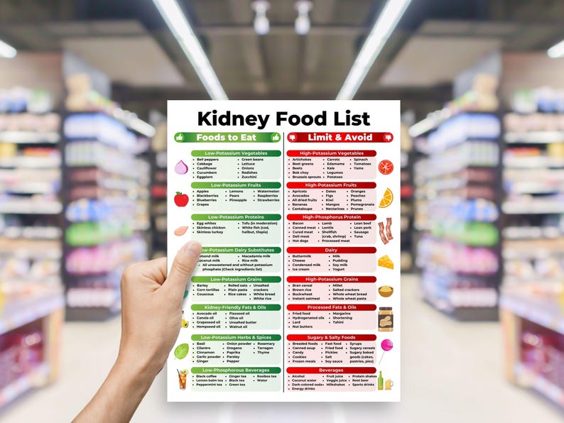 May include: A hand holds a printed "Kidney Food List" in a grocery store. The list categorizes foods to eat and foods to limit or avoid, with sections for vegetables, fruits, proteins, dairy, grains, fats, herbs, and beverages. The list is in black and green text.