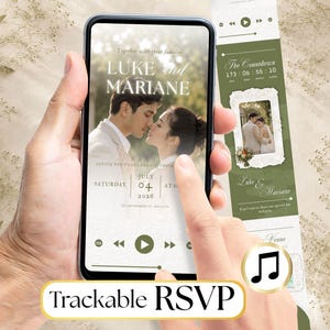 May include: A smartphone displaying a digital wedding invitation with a photo of a couple, the text Luke and Mariane, and the date July 4, 2026. The screen features music player controls and a trackable RSVP button. A vertical invitation strip is visible.