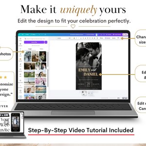 May include: A laptop screen displaying a digital wedding invitation template in a design software interface. The screen shows text fields for names, dates, and photo uploads, with callout boxes explaining how to edit fonts, text, and details.