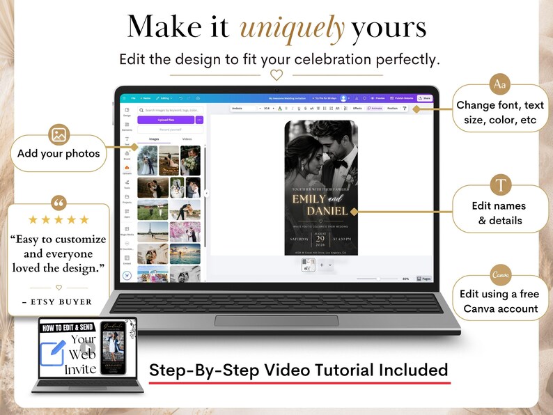 May include: A laptop screen displaying a digital wedding invitation template in a design software interface. The screen shows text fields for names, dates, and photo uploads, with callout boxes explaining how to edit fonts, text, and details.