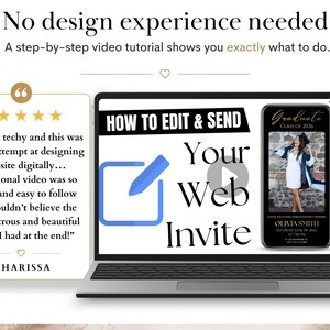 May include: A laptop screen displays a tutorial titled HOW TO EDIT & SEND Your Web Invite with a blue pencil icon and a smartphone mockup showing a graduation invitation. A five-star review from Charissa is on the left, and the text No design experience needed appears at the top.