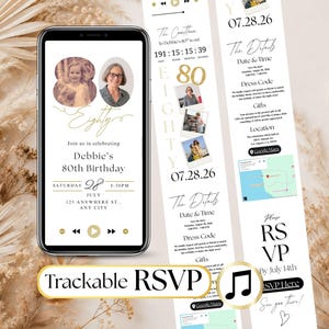 May include: A digital birthday invitation displayed on a smartphone screen and a vertical layout, featuring gold text, two oval photos of a person, a countdown timer, event details, a map, and a trackable RSVP button with a music note icon.